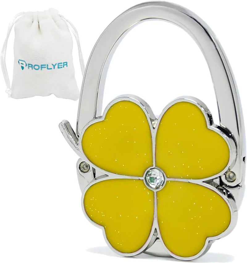 ROFLYER Four Leaf Clover Design Foldable Handbag Hanger Folding Purse Table Hook Holder (Yellow) - Image 1